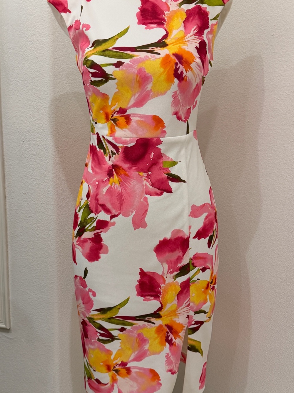 Eliza J White Midi Sheath Dress with Pink & Yellow Floral Print